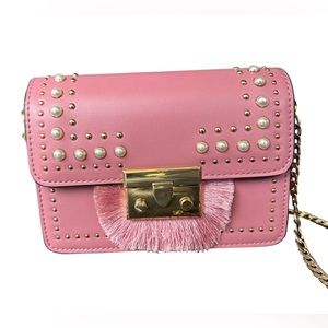 Topshop pink studded and pearl crossbody bag with chain